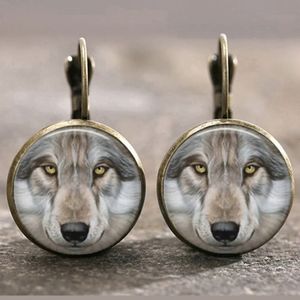 New Wolf Glass Cabochon Bronze Lever Back Earrings.